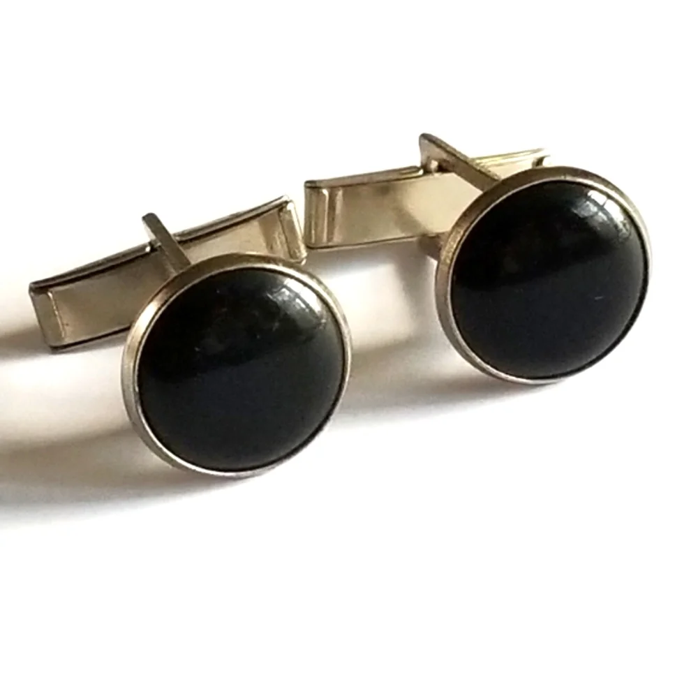 Vintage cuff links black cabochon silver tone metal round domed cufflinks